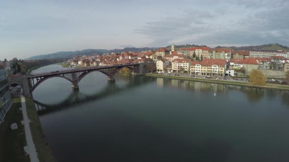 Aerial view of the Old Bridge on Drava River, Maribor