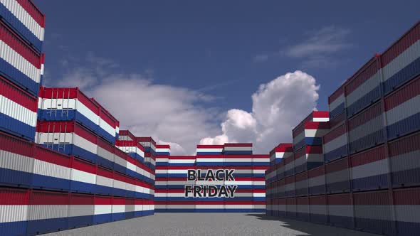 Cargo Containers with BLACK FRIDAY Text and Flags of the Netherlands