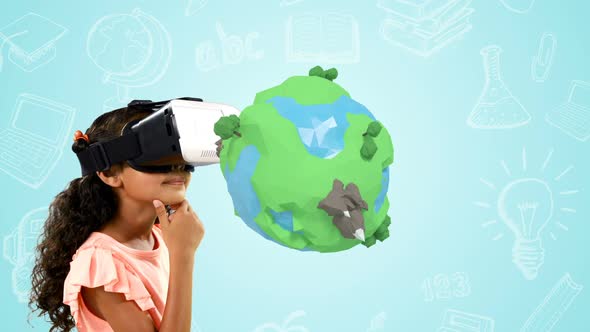 Girl using virtual reality headset with digitally generated travel icons 4k