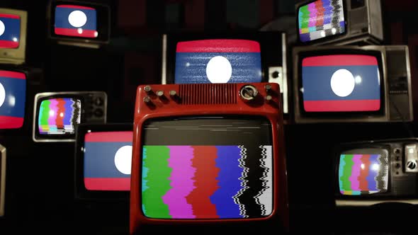 Laos flag on a Retro TV Wall.