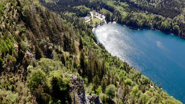 Beautiful view from the Signalkogel to the Lake Langbathsee and Mountains drone video