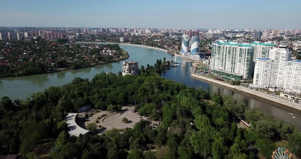 Russioa Krasnodar Cityscape and Kuban River From Aerial View