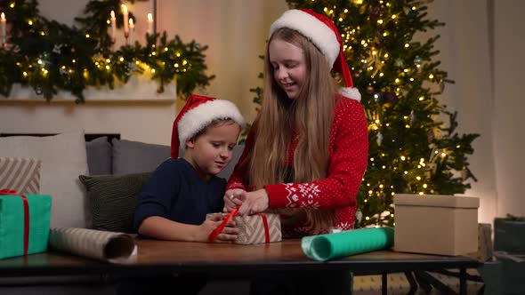 Friendly Sister and Brother Wrapping Christmas Gift