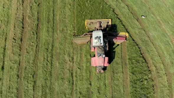 Farmer on a Modern Self-propelled Unit Mows a Green Fresh Grass Field on a Sunny Day