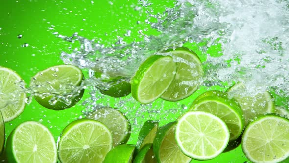 Super Slow Motion Shot of Flying Fresh Lime Slices and Water Side Splash at 1000Fps.