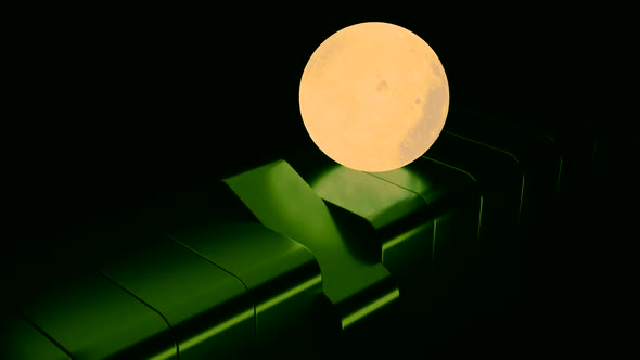 Surreal Abstraction with a Moon Rolling on Green Line of Rotating 3D Triangles