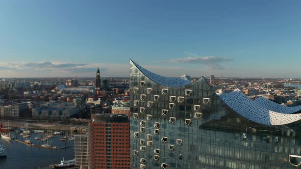 Close Up Aerial View of Elbphilharmonie Concert Hall Building with Reveal of Tv Tower and Famous