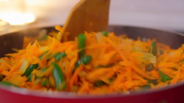 Green Beans with Carrots Roasted on a Frying Pan