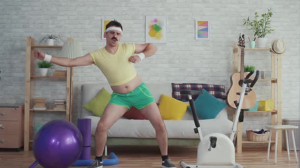 Expressive Overweight Man with a Mustache and Glasses Funny Dancing Slow Mo