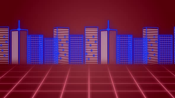 Animation of 3d cityscape drawn in blue and red and red alt