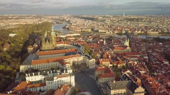 Prague Castle Hdradcany with Vitus Cathedral Aerial Drone Shot Orbiting, Czech Republic