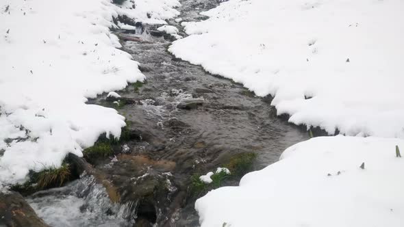 Winter stream flows between snowy shores