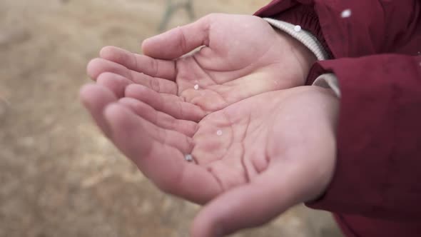 Crop man catching hail in hands