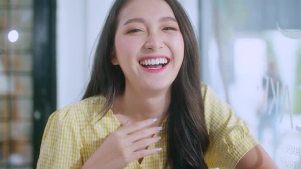 portrait of attractive asian female wear causla cloth smiling laugh