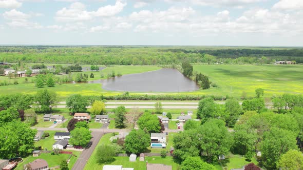 Aerial Landscape of rural fields and houses in Champion,Ohio. Suburban neighborhood in America