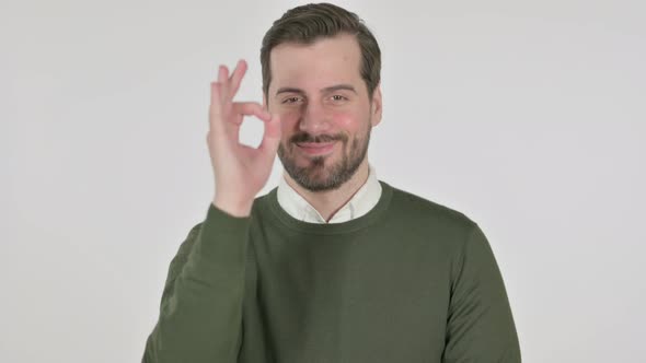 Portrait of Man Showing Ok Sign with Finger White Screen