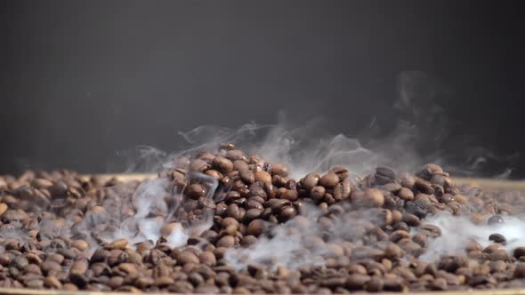 Roasted Coffee Beans Steaming Close Up