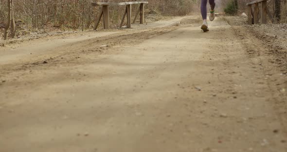 running of female legs in leggings and sneakers along a forest road