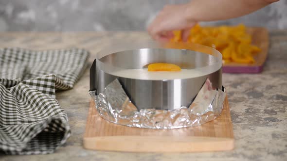 Pastry Chef Making Tasty Peach Jelly Cake.	