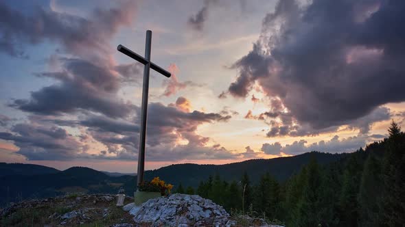 Cross worship christian with clouds moving while twilight sky and motions clouds