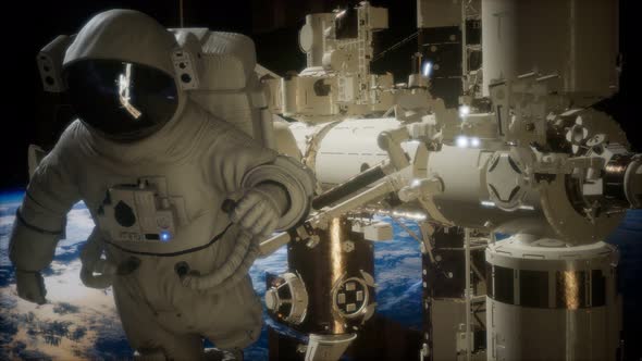 International Space Station and Astronaut in Outer Space Over the Planet Earth alt
