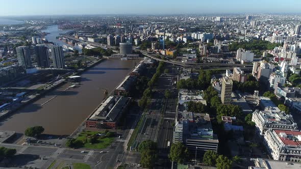Panoramic Aerial Drone View of Buenos Aires - Argentina. Cityscape of Puerto Madero