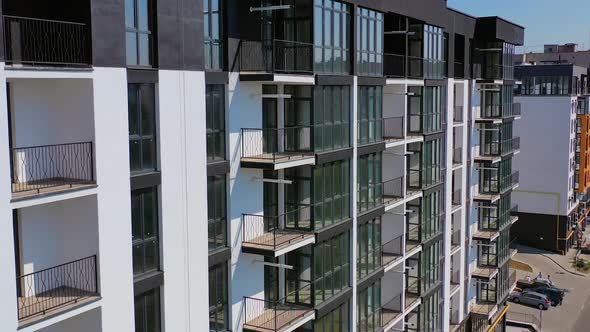 Newly built urban architecture. Exterior of residential building in the city. 