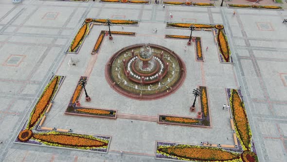 Top Aerial View Over the Fountain on the Square Russia Khabarovsk Lenin Square