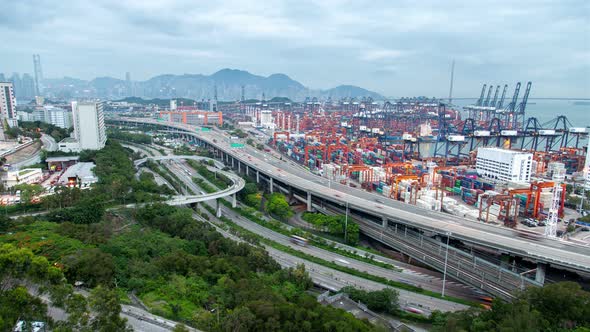 Container Terminal Modern Harbour and Overpass Road of Hong Kong City