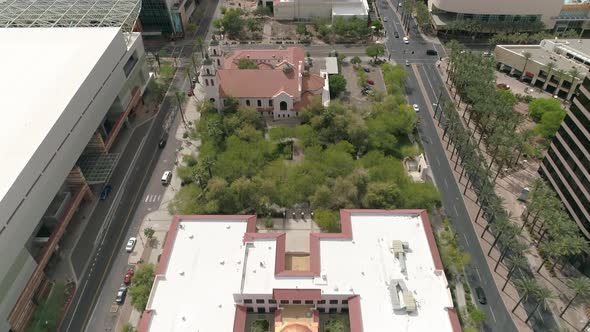 Aerial view of a church and other buildings