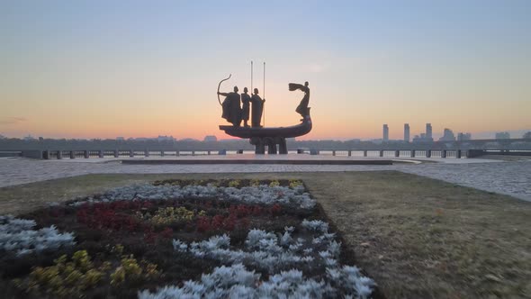 Symbol of Kyiv - a Monument To the Founders of the City in the Morning at Dawn. Ukraine. Aerial