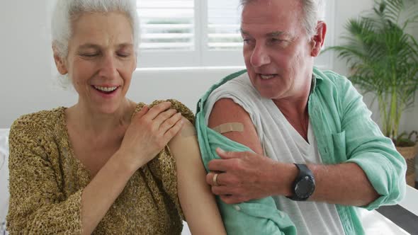 Animation of happy caucasian senior couple showing plaster after vaccination and covid passport