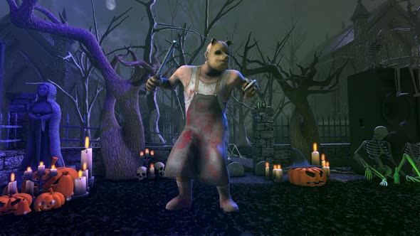Butcher psycho killer dancing in a graveyard party