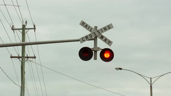 Overhead traffic signal for a train level crossing.