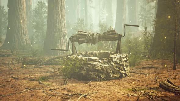 Old Stone Draw Well in the Forest with Fog