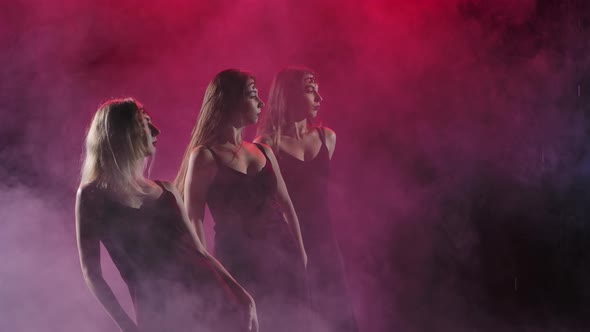 A Group of Womans in Long Dresses Dance Modern Choreography in a Smoky Backlit Studio. Slow Motion