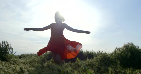 Woman in Long Dress Enjoys Life Spinning Around in Field