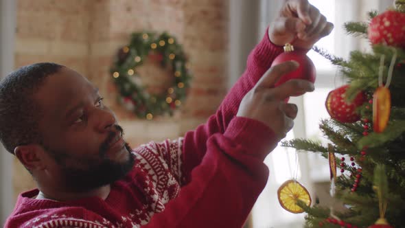 Cheerful Black Man Decorating Christmas Tree at Home