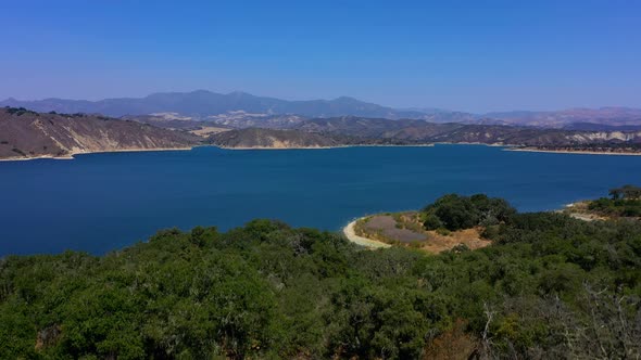 Rising aerial shot of Lake Cachuma near Santa Barbara Ca.