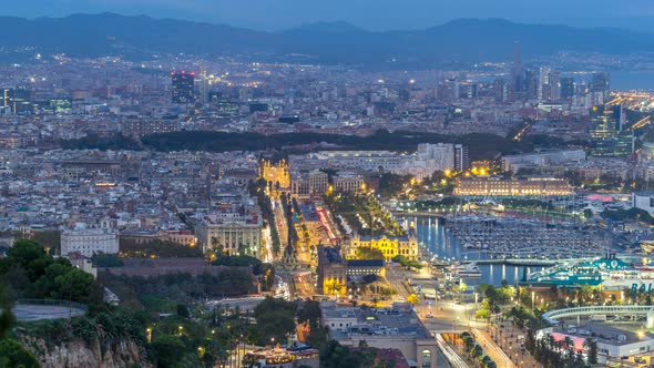 Aerial View Over Square Portal De La Pau Day To Night Timelapse in Barcelona, Catalonia, Spain