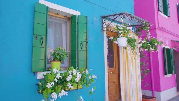 Flowerpots Stand on Windowsill of Colorful House in Burano