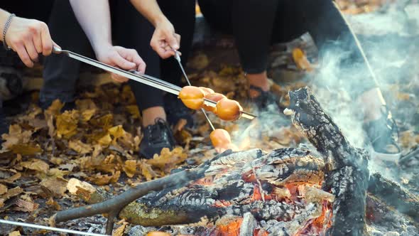 Cheerful tourists having picnic by campfire in autumn forest