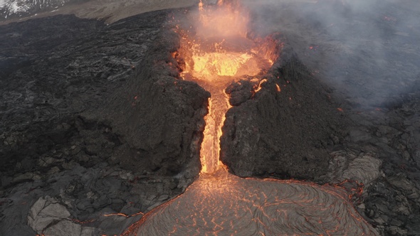 Aerial View Above Lava Eruption Volcano, Mount Fagradalsfjall, Iceland