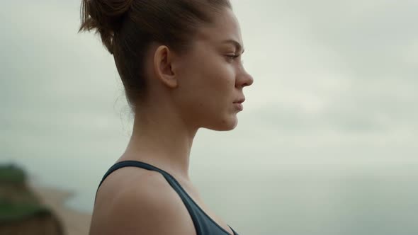 Sportswoman Looking Ahead Standing Beach Closeup