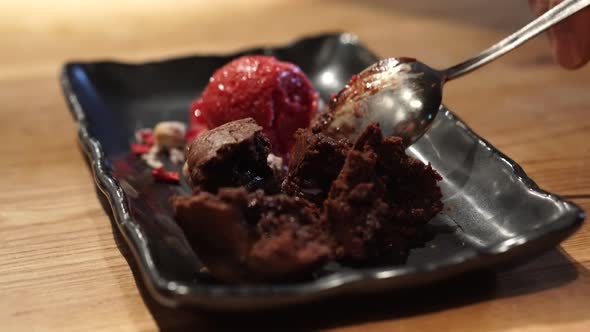 Sharing Chocolate Lava Cake With Berry Sherbet
