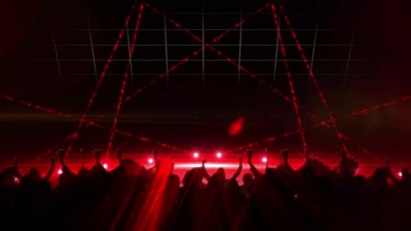 Animation of red spotlights moving around with black silhouettes of crowd of people dancing  alt