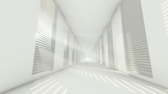 An empty white corridor with netting walls and bright light 3