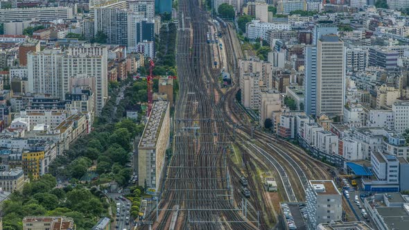 Trains Running Railway Tracks in City, Active Traffic in Megalopolis, Time-Lapse