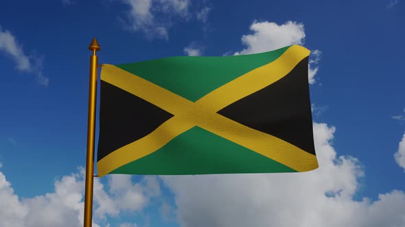 National flag of Jamaica waving with flagpole and blue sky timelapse