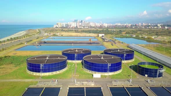 Aerial view of modern industrial sewage treatment plant